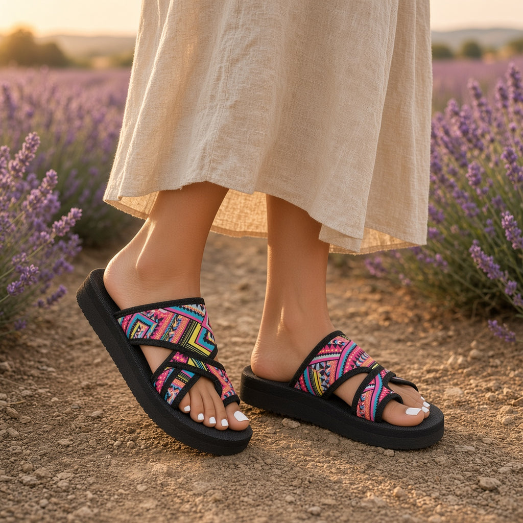 Kaleido Boho Sandals – sandálias boho em campo de lavanda