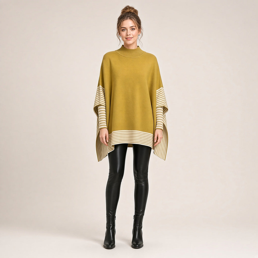 Bhumi – Poncho Camisola de Malha com Riscas e Gola Alta, Mostarda