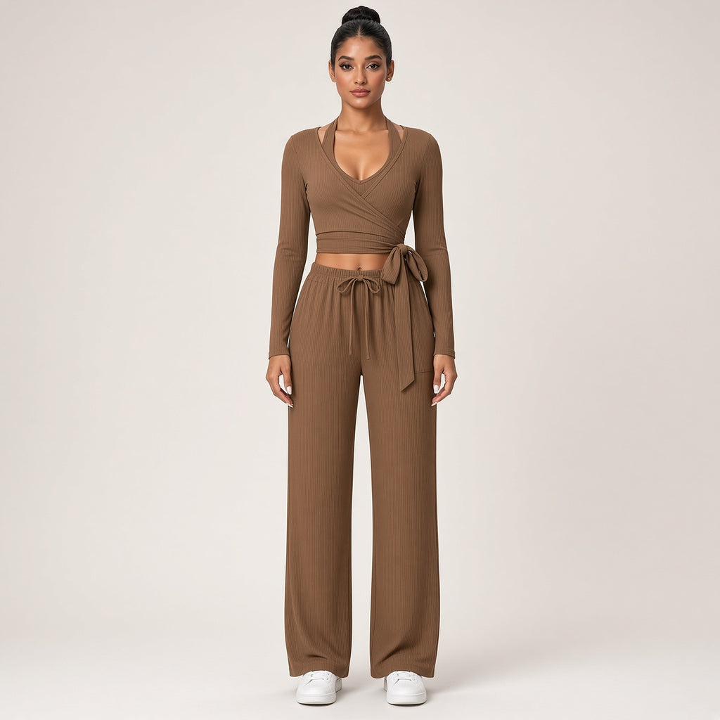 Dhara – Conjunto de Yoga com Top de Manga Comprida e Calças Largas – Castanho café, vista de frente