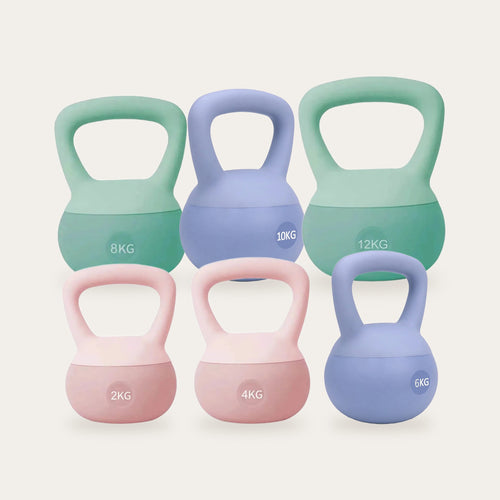 Conjunto de kettlebells macios de 2 a 12 kg em rosa, azul e verde