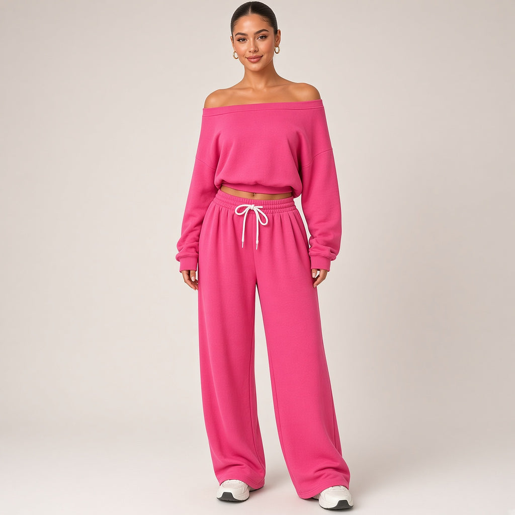 Hemanta – Conjunto Confortável com Camisola Ombro a Ombro e Calças de Cordão – Rosa-Fúcsia, vista de frente