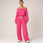 Hemanta – Conjunto Confortável com Camisola Ombro a Ombro e Calças de Cordão – Rosa-Fúcsia, vista de frente