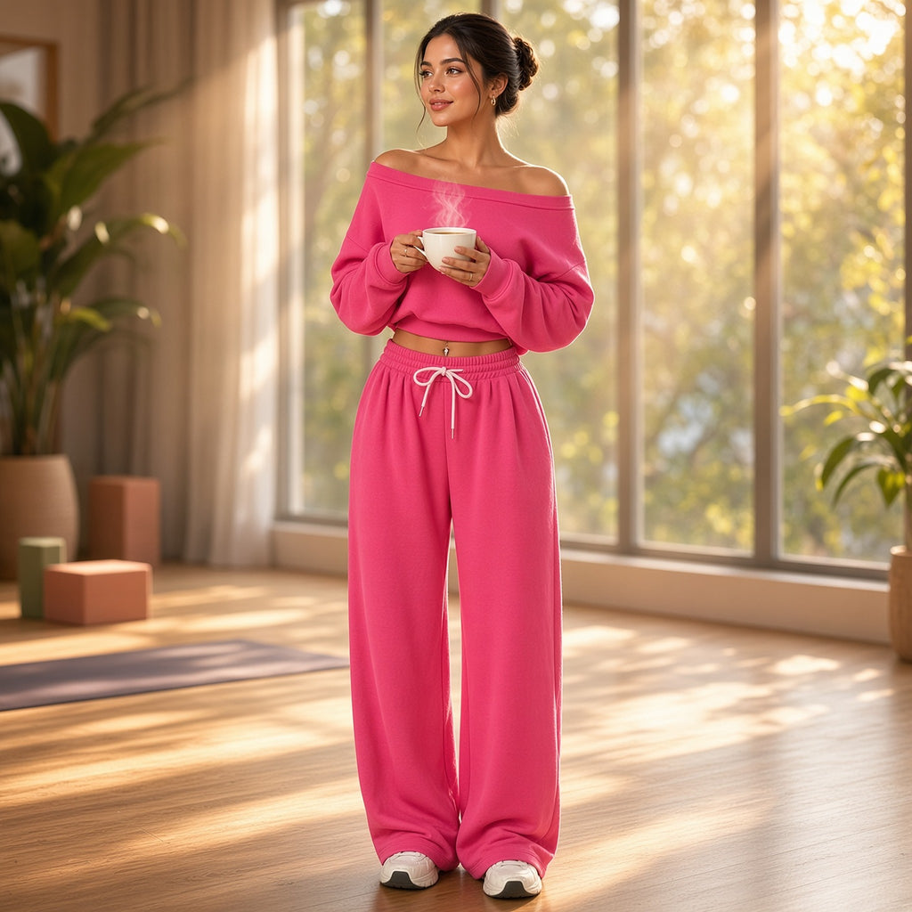 Hemanta – Conjunto Confortável com Camisola Ombro a Ombro e Calças de Cordão – Em estúdio de yoga com chá