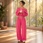 Hemanta – Conjunto Confortável com Camisola Ombro a Ombro e Calças de Cordão – Em estúdio de yoga com chá