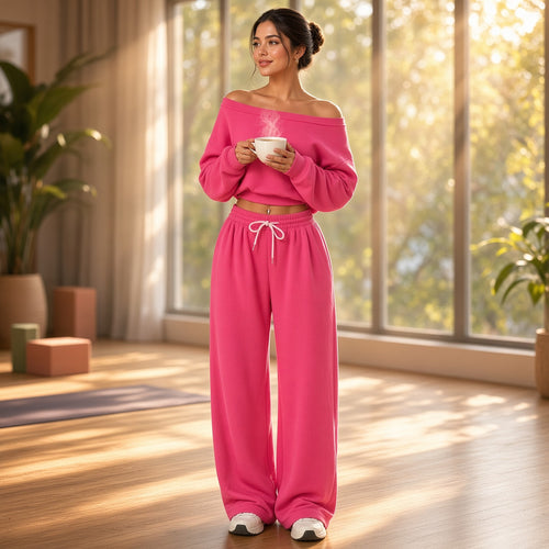 Hemanta – Conjunto Confortável com Camisola Ombro a Ombro e Calças de Cordão – Em estúdio de yoga com chá