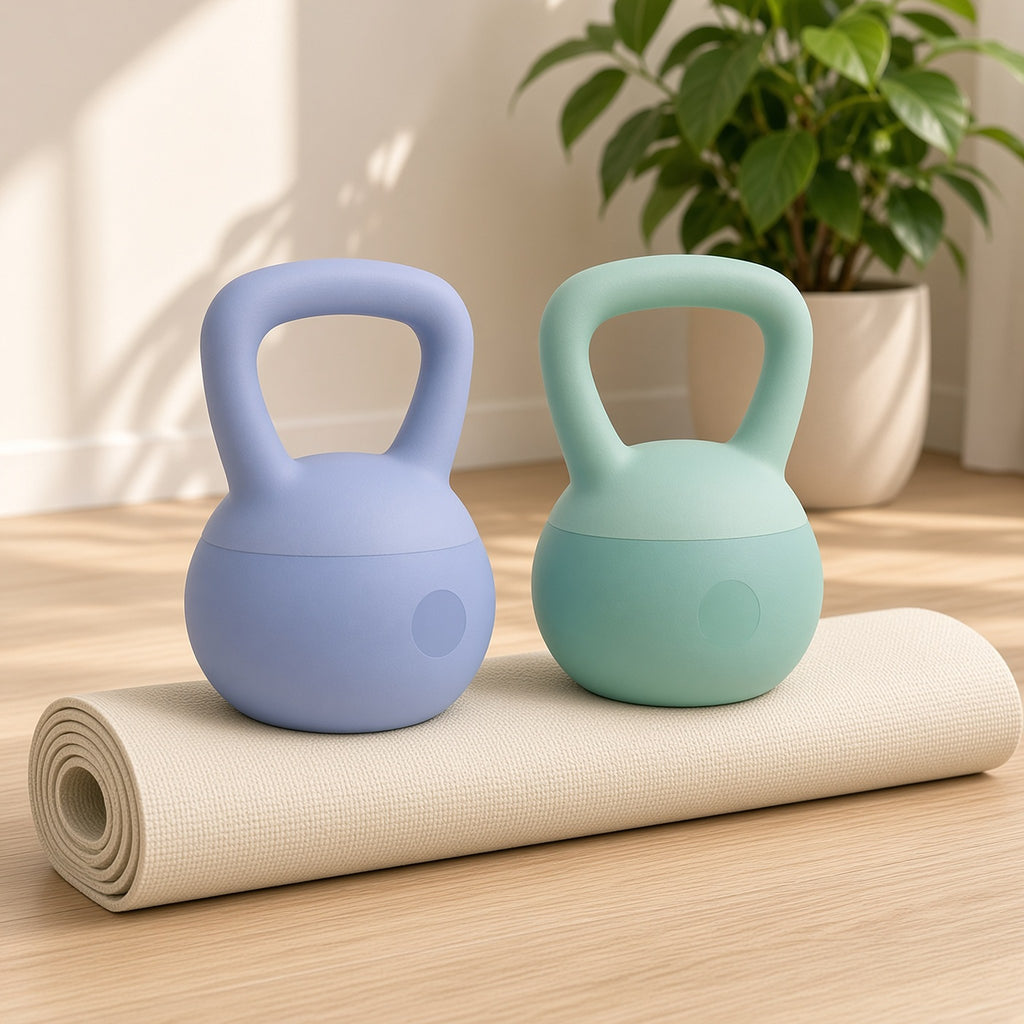 Kettlebells macios azul e verde sobre tapete de treino