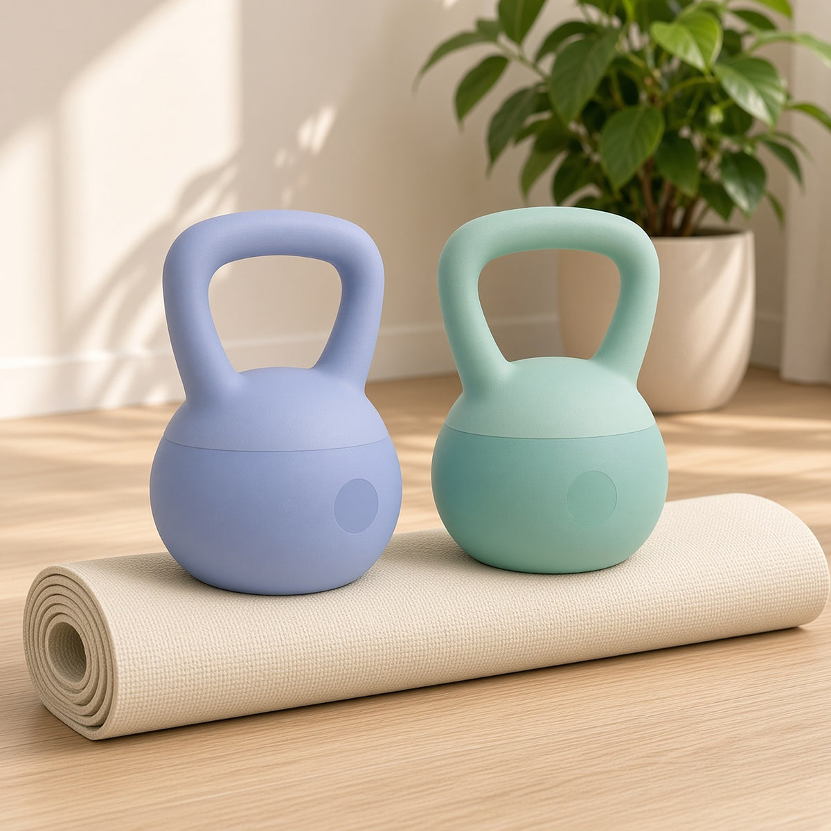 Kettlebells macios azul e verde sobre tapete de treino
