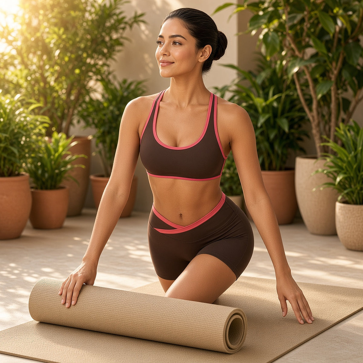 Conjunto Chaya castanho café com top e calções durante a prática de yoga