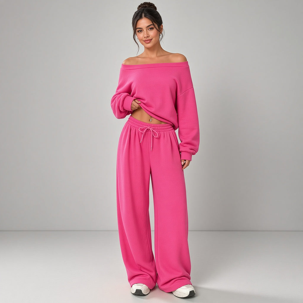Hemanta – Conjunto Confortável com Camisola Ombro a Ombro e Calças de Cordão – Cor Rosa-Fúcsia