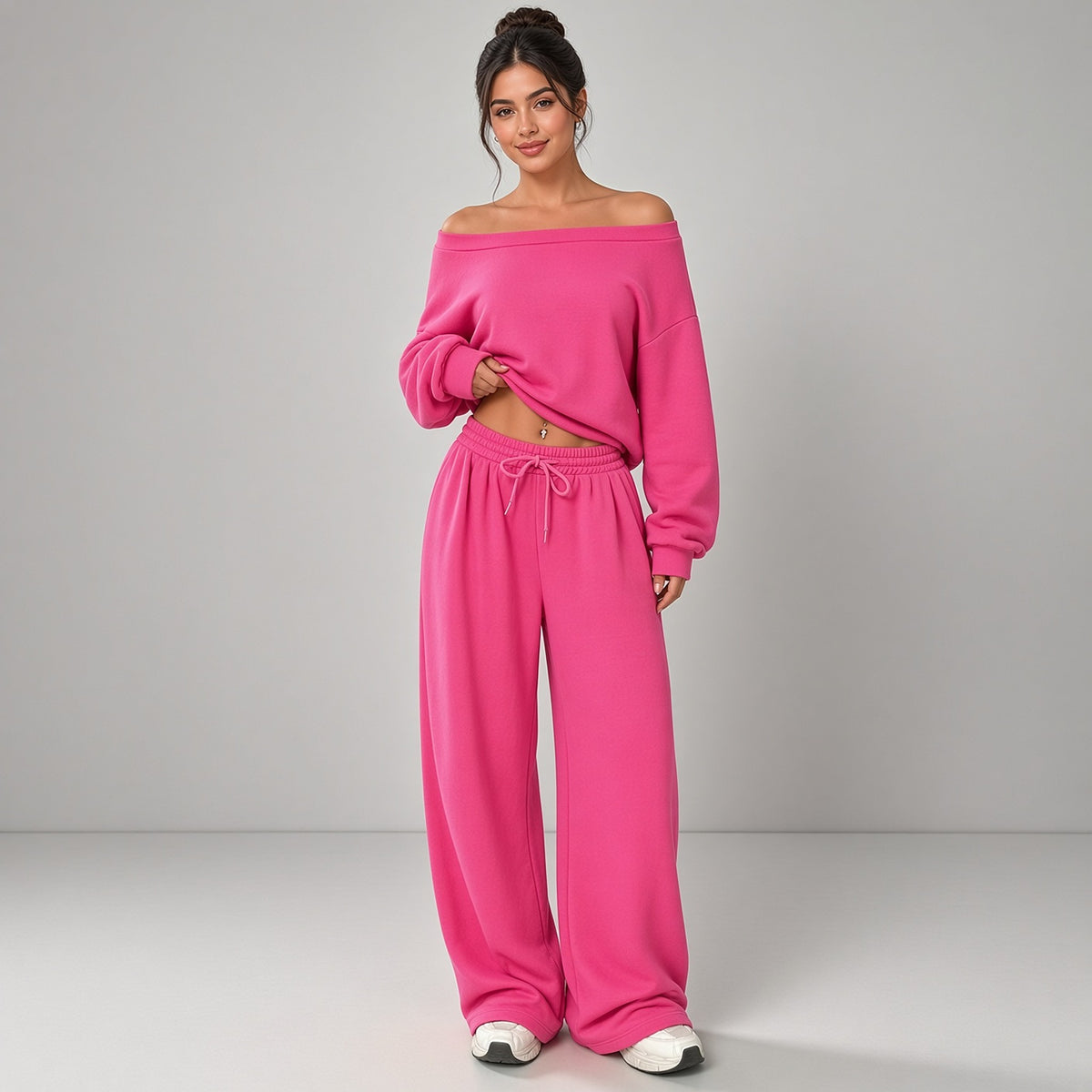 Hemanta – Conjunto Confortável com Camisola Ombro a Ombro e Calças de Cordão – Cor Rosa-Fúcsia