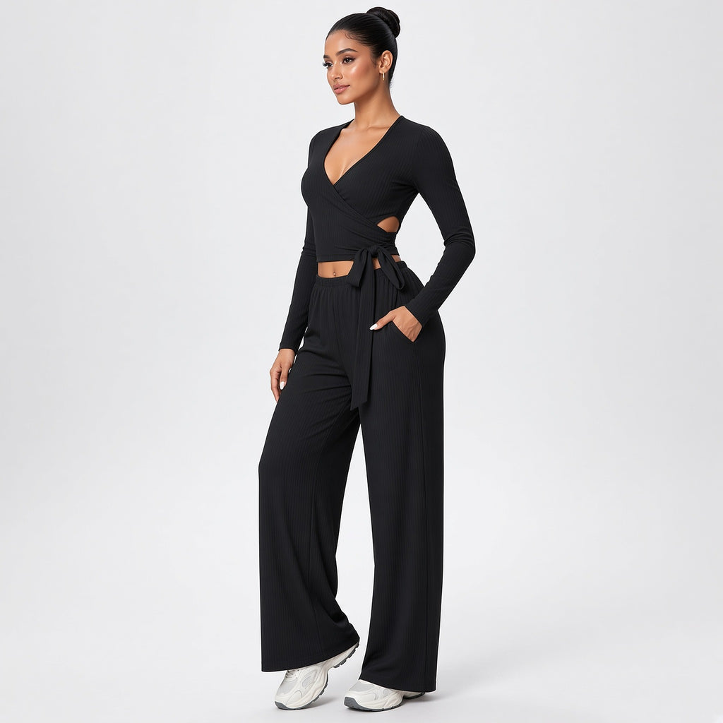 Dhara – Conjunto de Yoga com Top de Manga Comprida e Calças Largas – Cor Preto