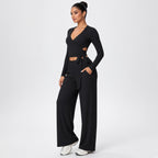Dhara – Conjunto de Yoga com Top de Manga Comprida e Calças Largas – Cor Preto