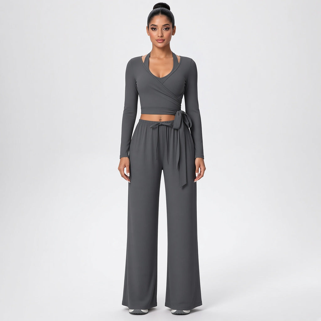 Dhara – Conjunto de Yoga com Top de Manga Comprida e Calças Largas – Cor Cinzento-Escuro
