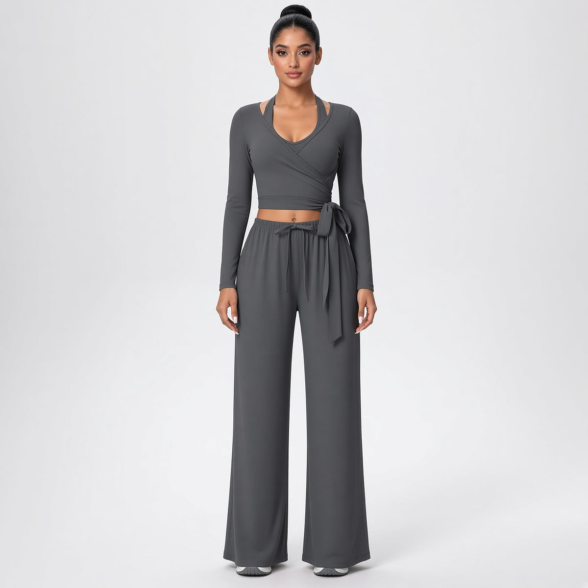 Dhara – Conjunto de Yoga com Top de Manga Comprida e Calças Largas – Cor Cinzento-Escuro