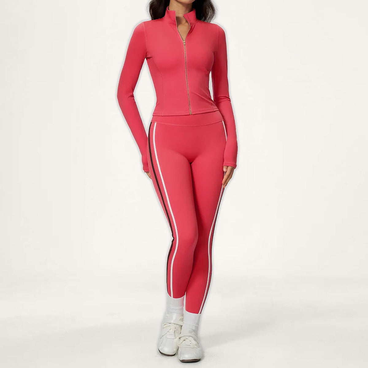 Conjunto desportivo Chaya vermelho coral com riscas laterais
