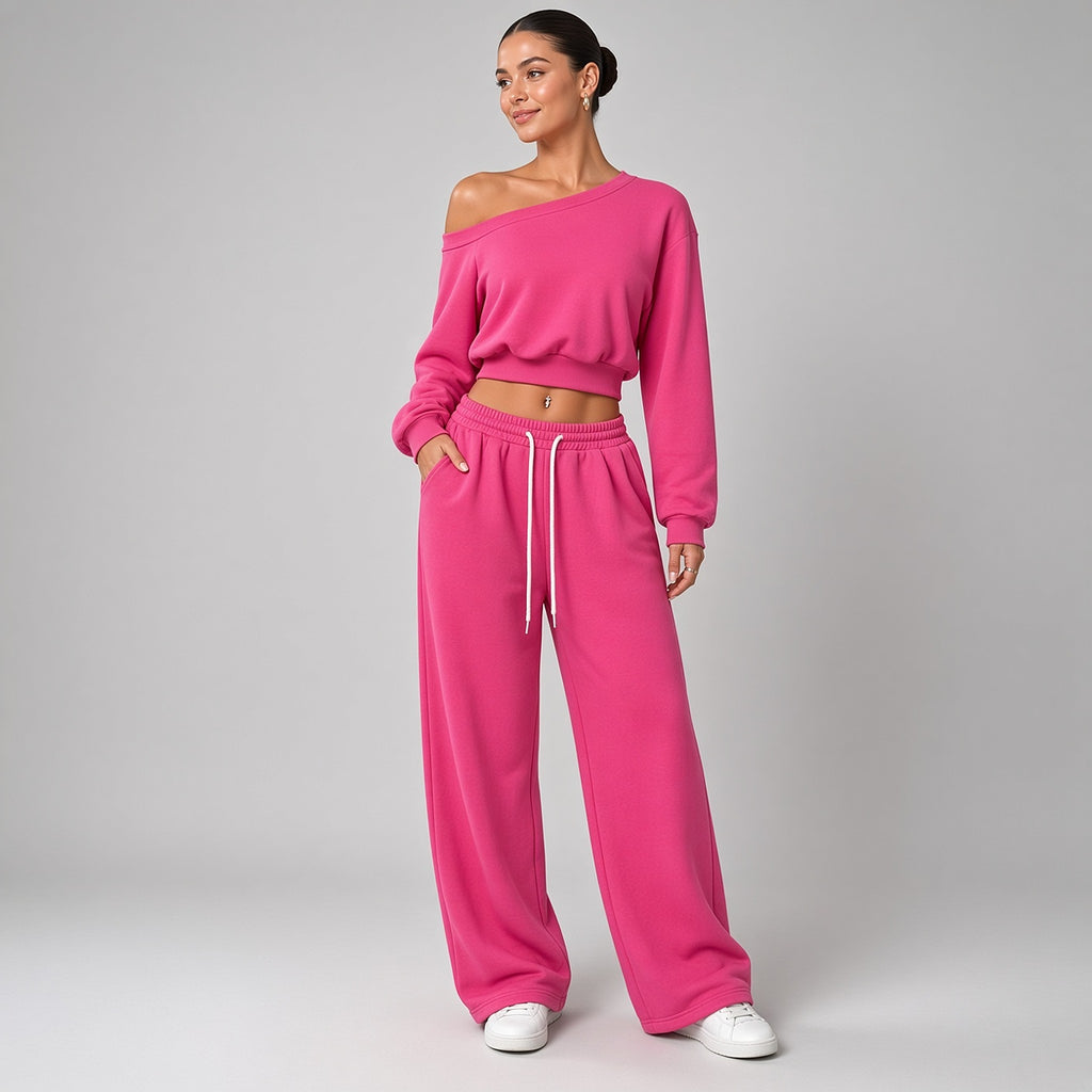 Hemanta – Conjunto Confortável com Camisola Ombro a Ombro e Calças de Cordão – Vista de lado