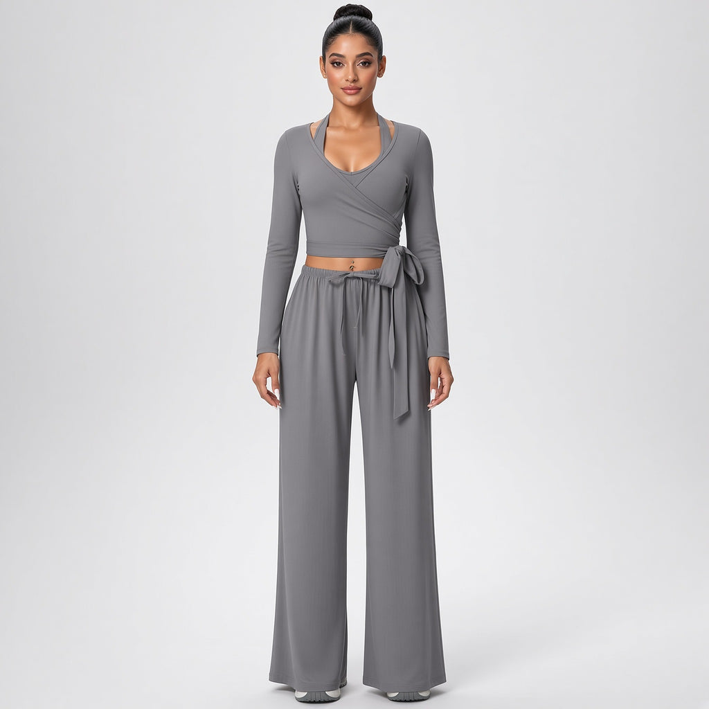 Dhara – Conjunto de Yoga com Top de Manga Comprida e Calças Largas – Cor Cinzento