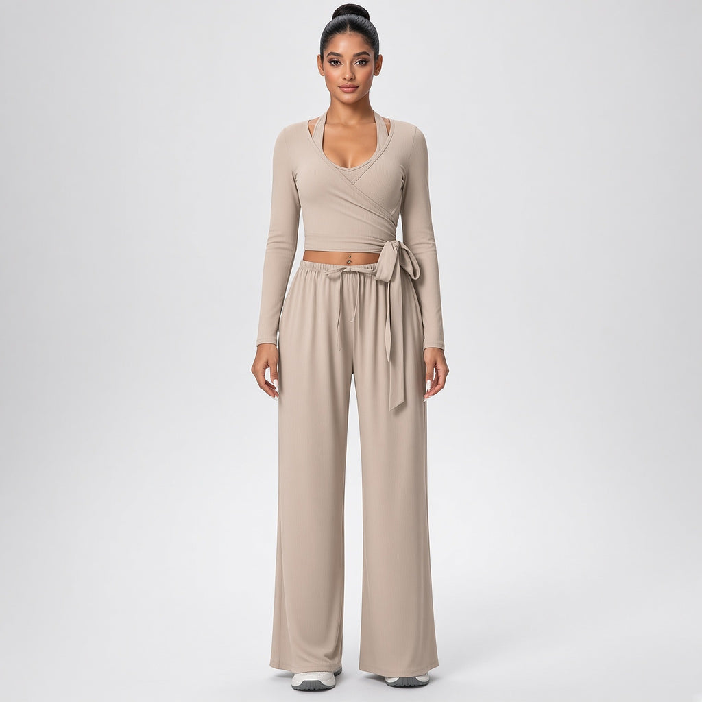 Dhara – Conjunto de Yoga com Top de Manga Comprida e Calças Largas – Cor Bege