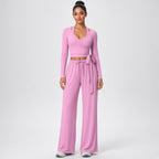 Dhara – Conjunto de Yoga com Top de Manga Comprida e Calças Largas – Cor Rosa