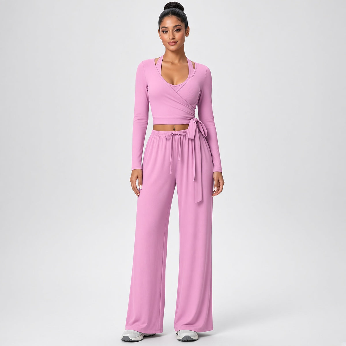 Dhara – Conjunto de Yoga com Top de Manga Comprida e Calças Largas – Cor Rosa
