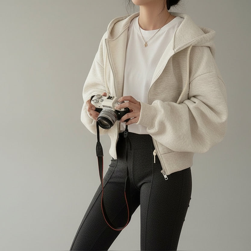 Nova Flow Hoodie – Cropped, Forrado e Sofisticado para o Dia a Dia – Bege