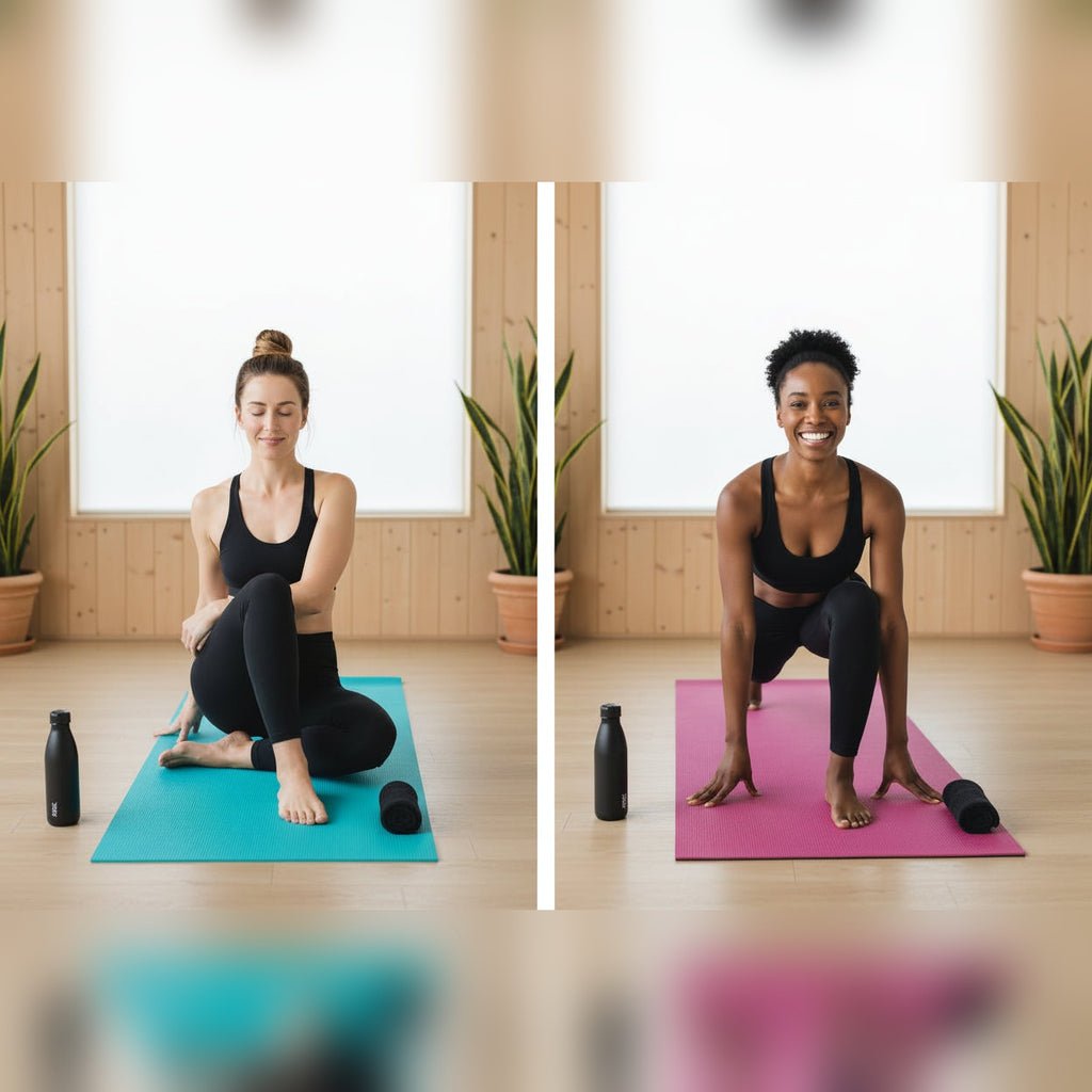 Mulheres a praticar yoga em tapetes Essenza TPE azul e rosa – lifestyle