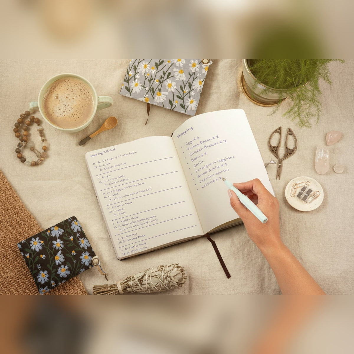 Mulher a escrever no caderno Shama Notes aberto numa mesa – lifestyle