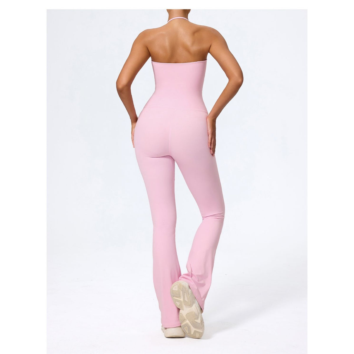 Macacão SerenFit rosa sem alças de perna flare – vista de frente