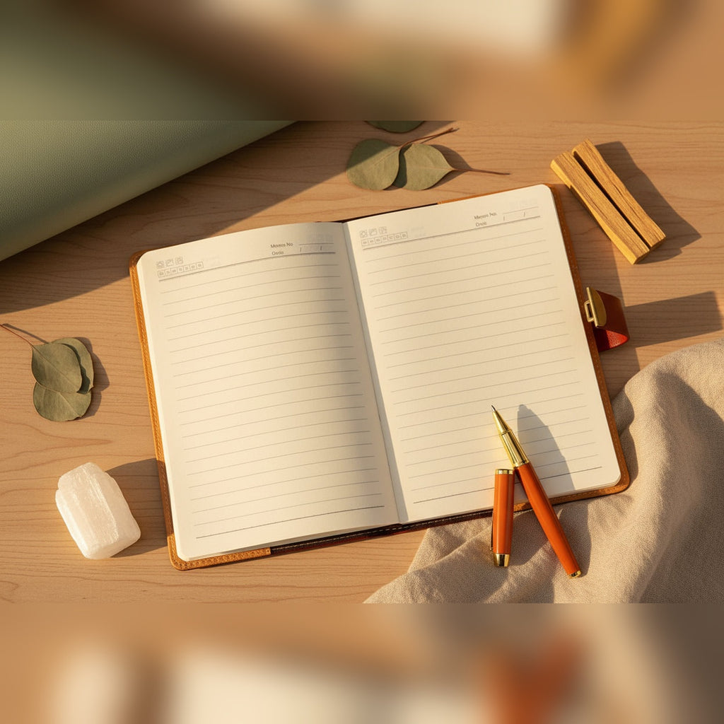 Caderno Codex Diary aberto com páginas pautadas e caneta – lifestyle
