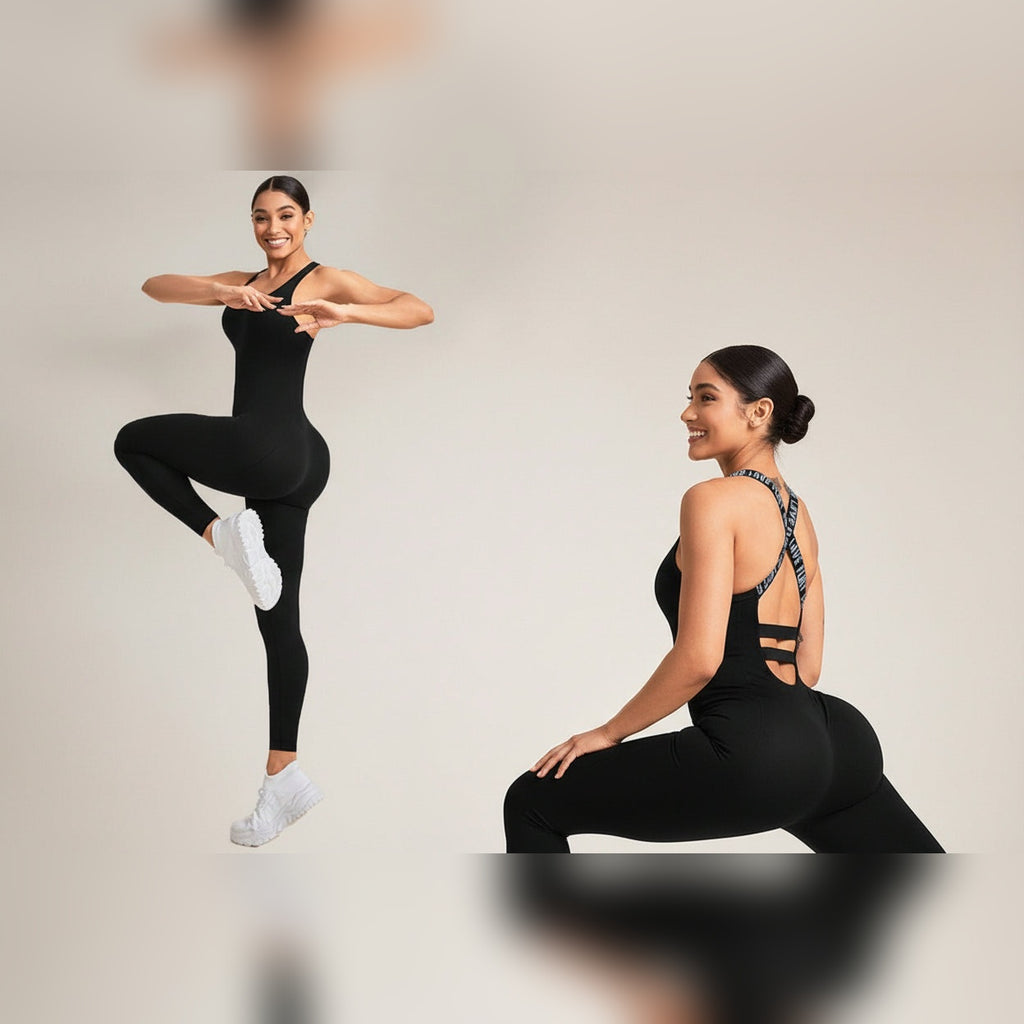 Macacão Aether preto em duas poses de yoga, em pé e sentada – lifestyle