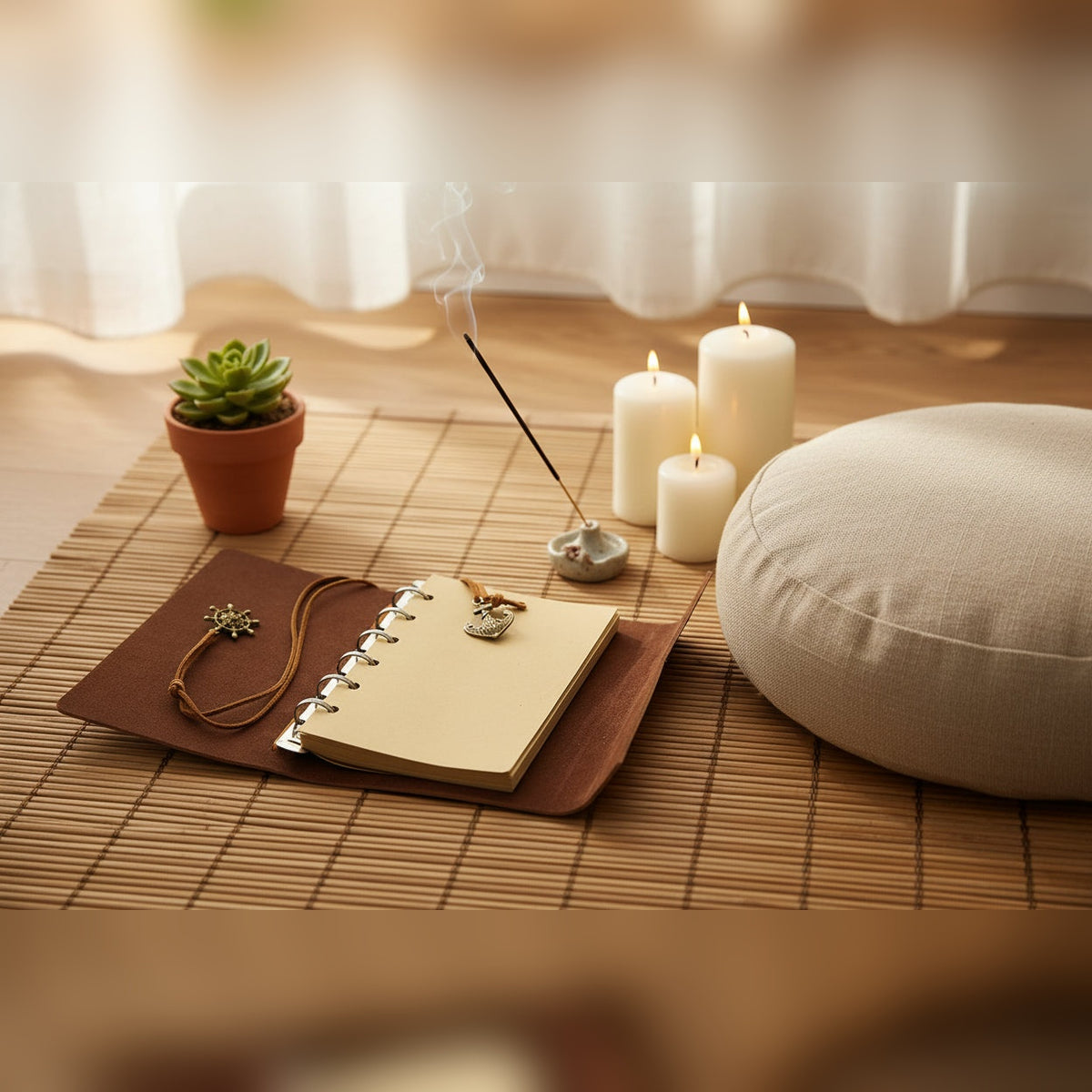 Caderno Nadir em pele castanha aberto numa mesa com velas – lifestyle
