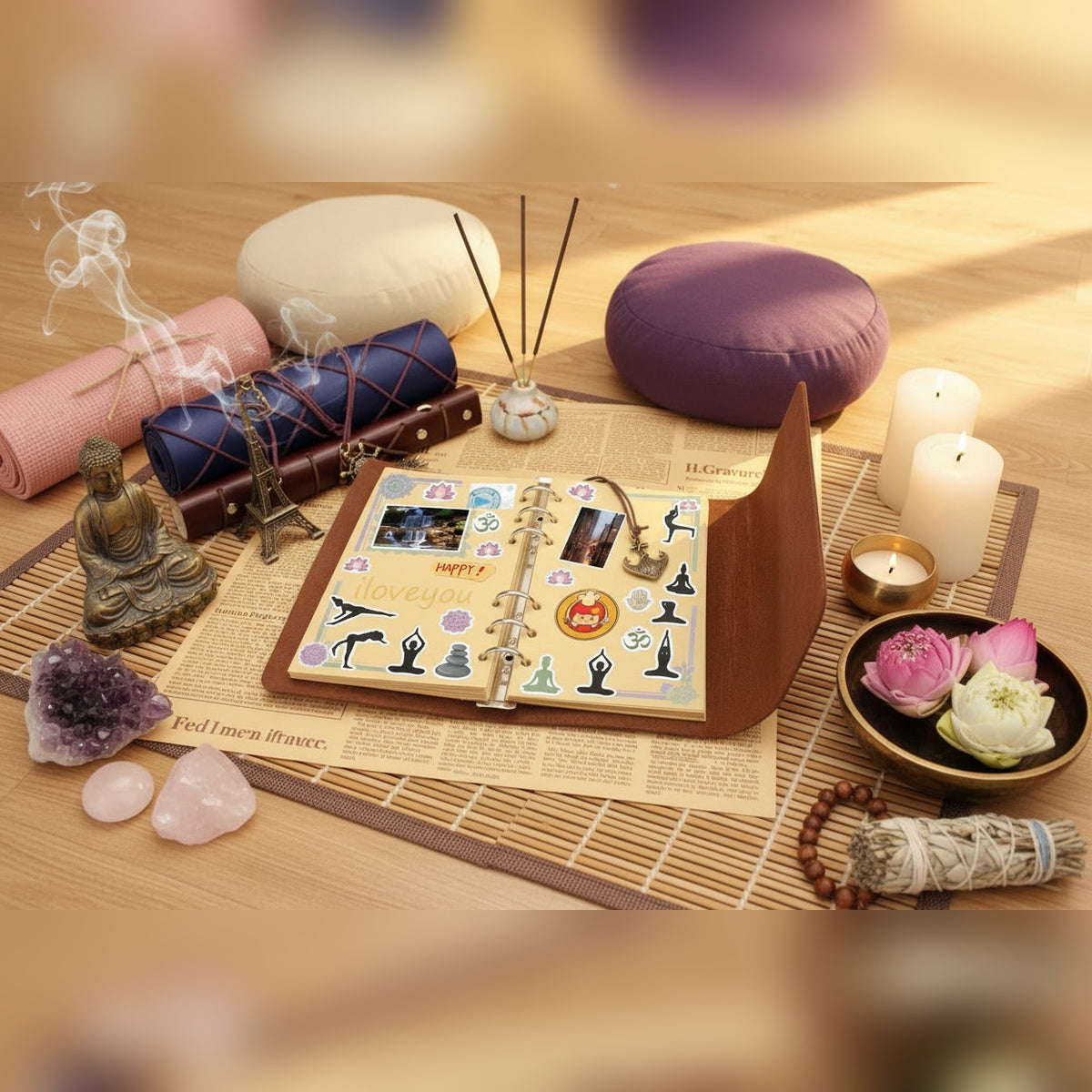 Caderno Nadir aberto com cartas e cristais numa mesa decorada – lifestyle
