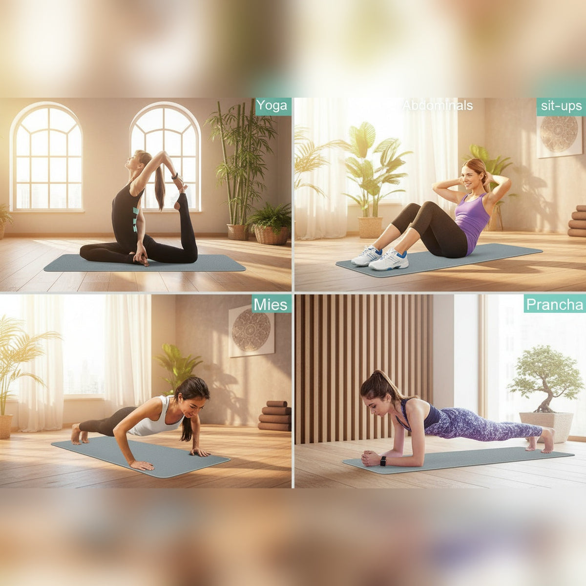 Mulheres a praticar yoga no tapete Atira Core Mat em várias posturas – lifestyle