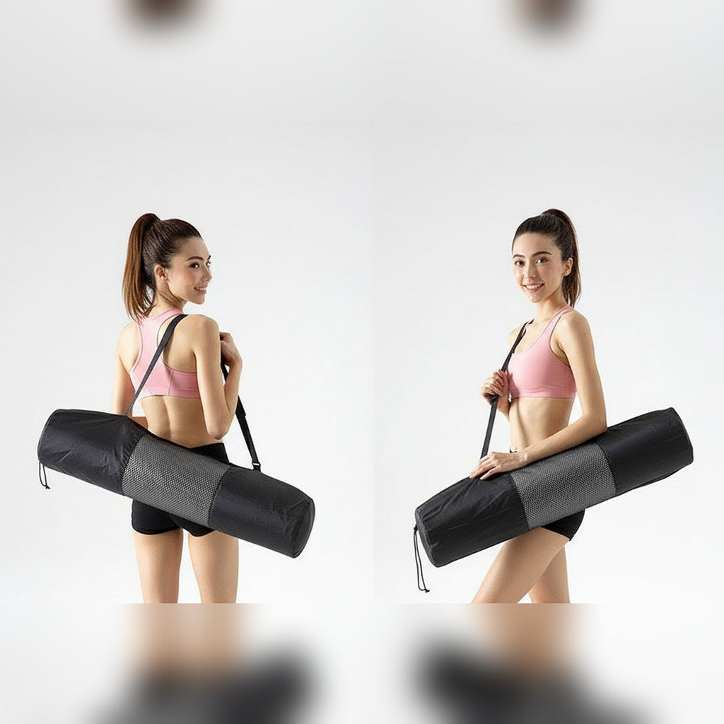 Mulher a transportar o tapete Atira Core Mat preto com alça – lifestyle