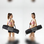 Mulher a transportar o tapete Atira Core Mat preto com alça – lifestyle
