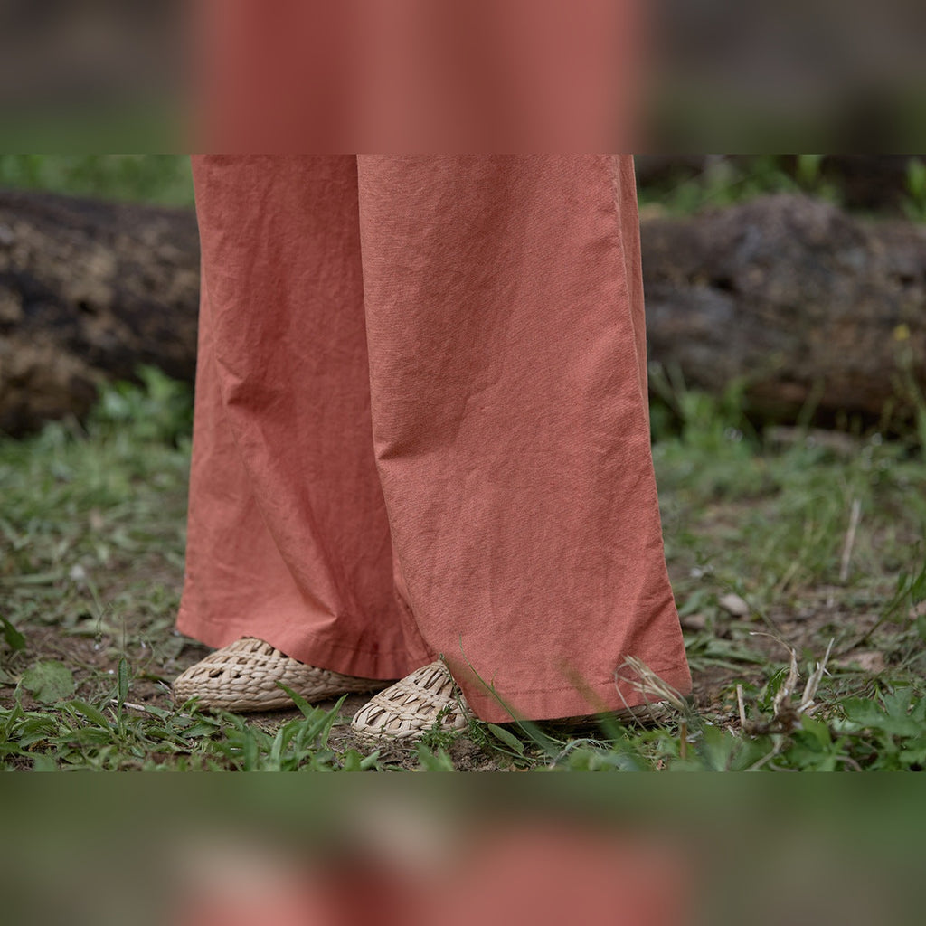 Calças Shalem Cotton em algodão laranja de perna larga – detalhe