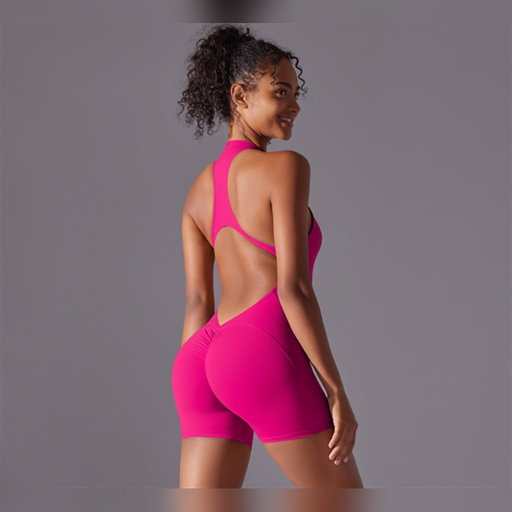 Macacão Jyoti One rosa-vermelho sem mangas com costas abertas – vista de costas