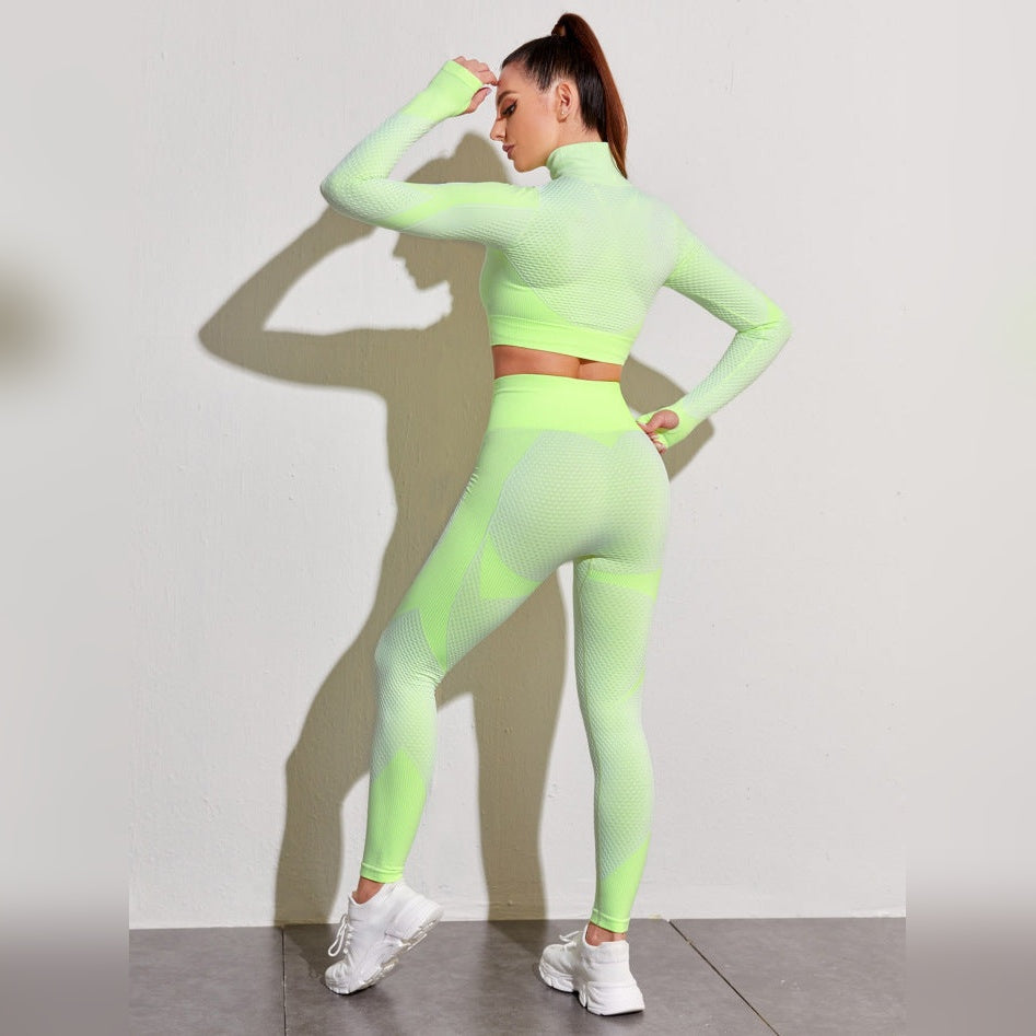 Conjunto Ignite amarelo fluorescente com casaco e leggings – vista de costas