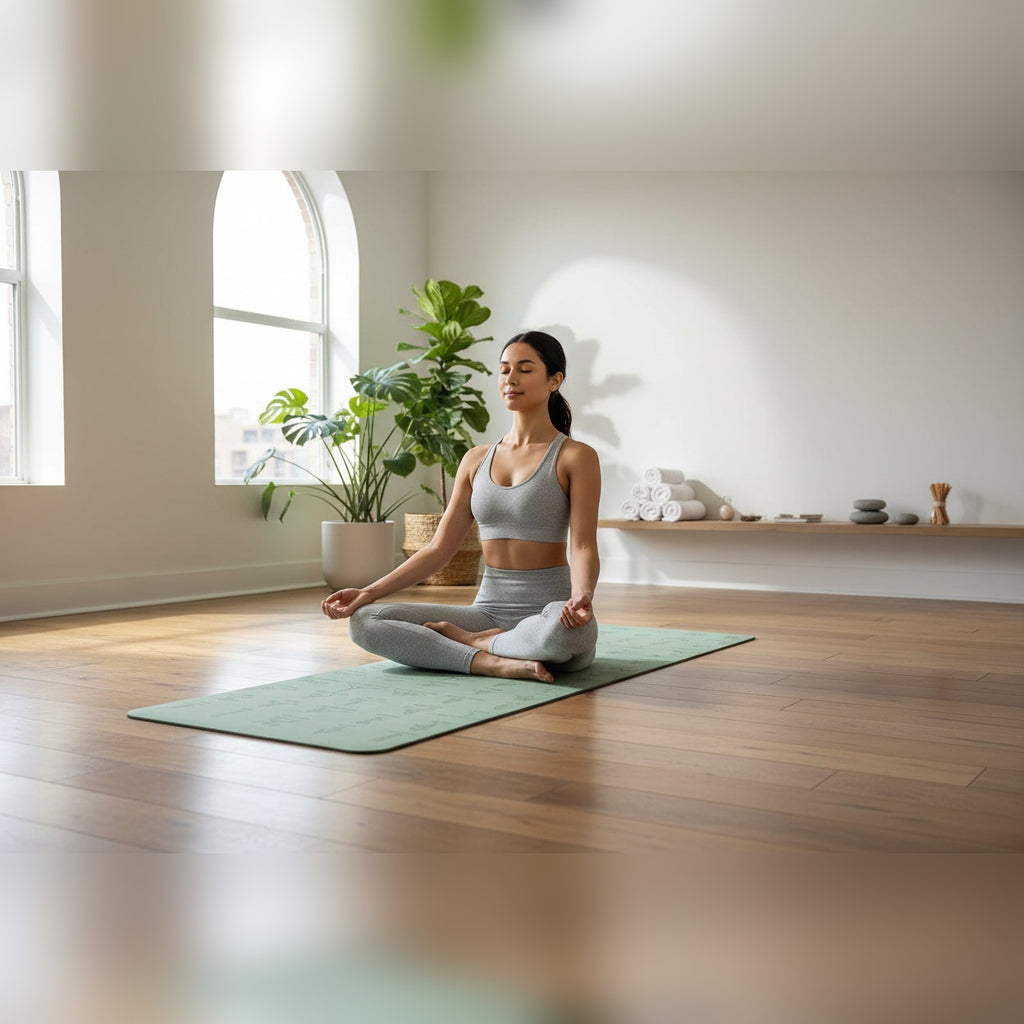 Mulher a meditar no tapete de yoga Ananda Pose verde numa sala – lifestyle