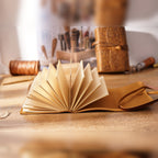 Folhas abertas em leque do caderno TerraLume – detalhe