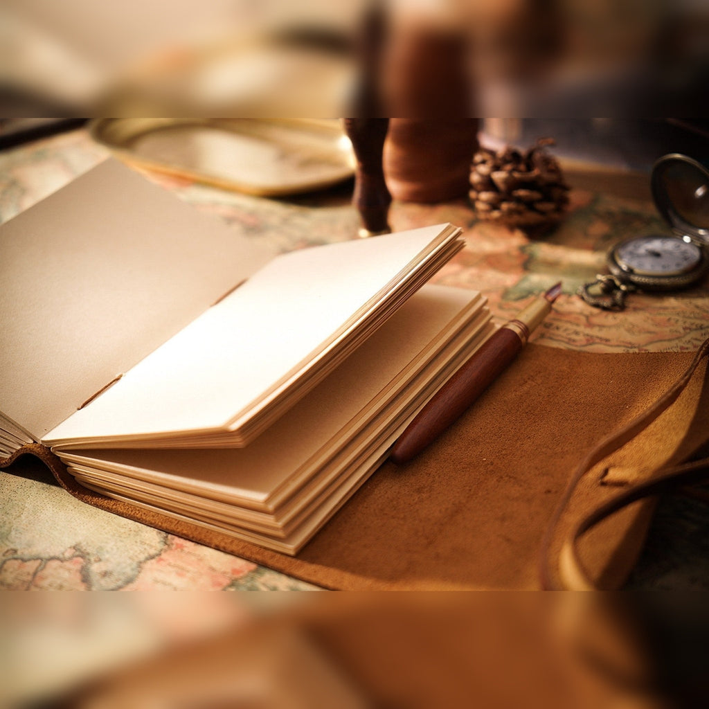 Caderno TerraLume aberto com folhas creme sobre a mesa – detalhe