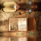 Caderno TerraLume aberto com ilustrações sobre mapa antigo – lifestyle