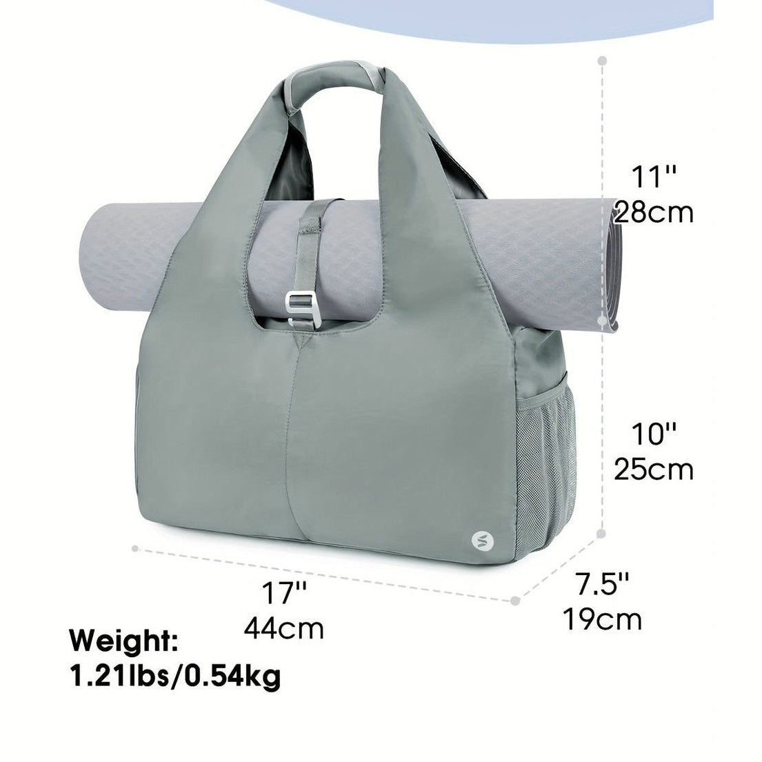 Bolsa versátil de yoga cinzenta com tapete e medidas – tabela de medidas