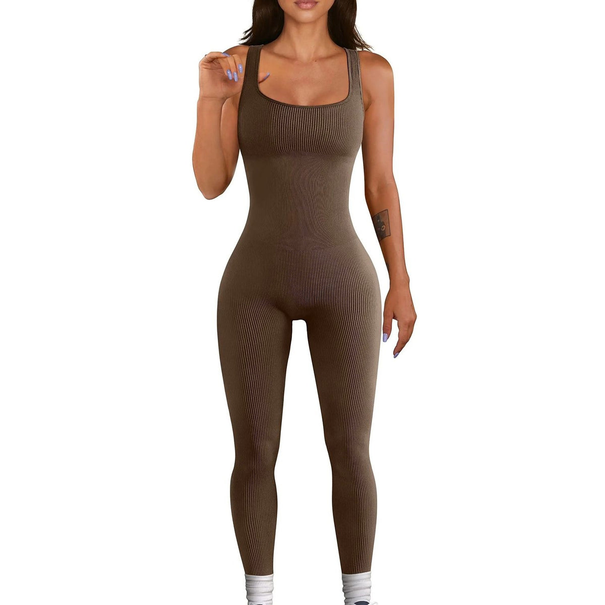 Macacão Sem Costura Feminino de Yoga – Bodycon com Decote Quadrado e Leggings Integradas – Cor de Café