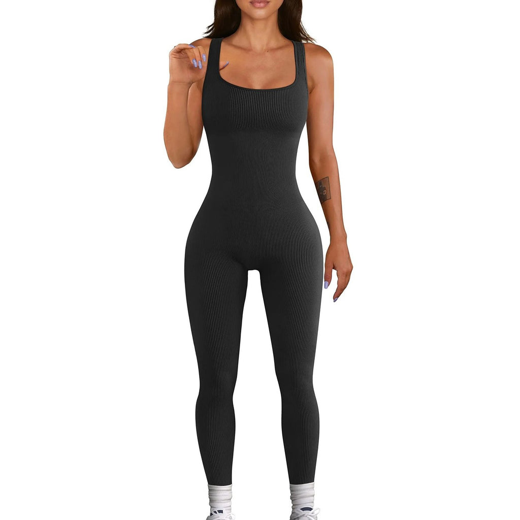 Macacão Sem Costura Feminino de Yoga – Bodycon com Decote Quadrado e Leggings Integradas – Preto