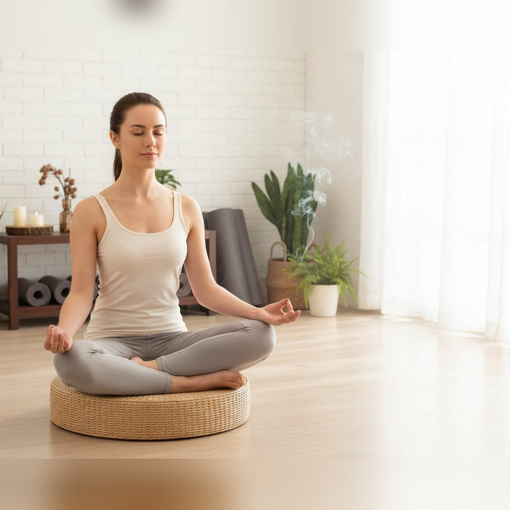 Mulher a meditar sentada no puf de palha natural numa sala – lifestyle