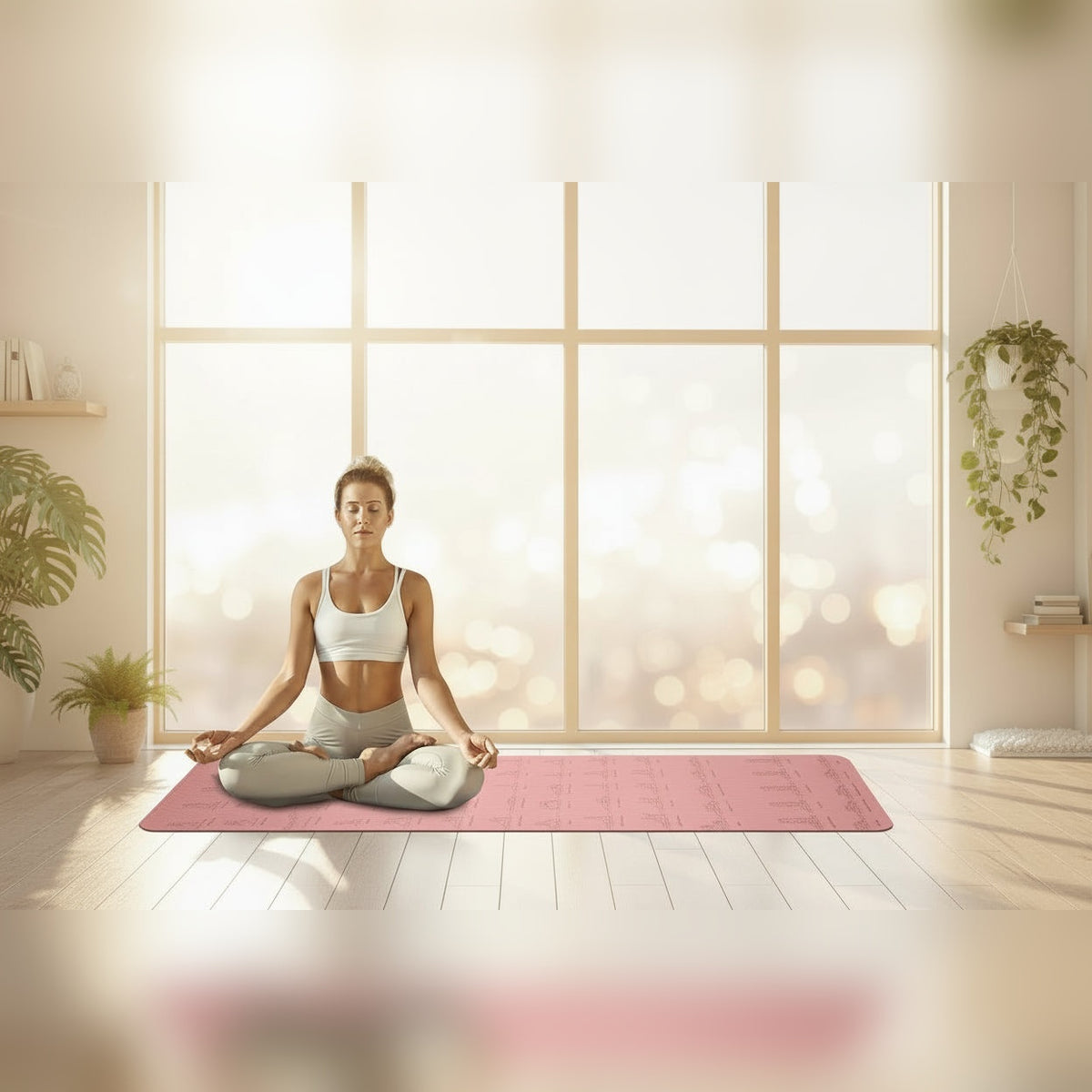 Mulher a meditar num tapete de yoga TPE rosa numa sala – lifestyle