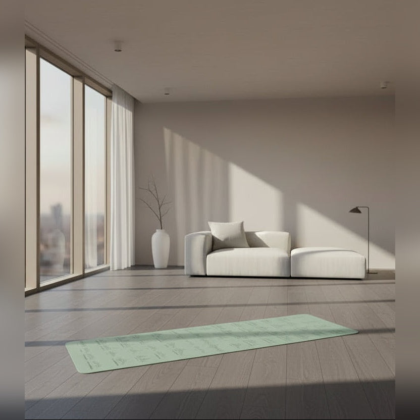 Tapete de yoga TPE verde-menta estendido numa sala ampla – lifestyle