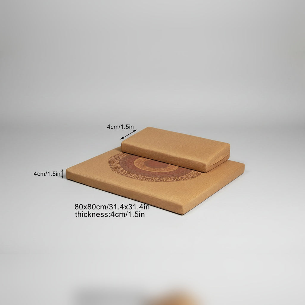 Almofadas de tatami empilhadas com medidas indicadas – tabela de medidas