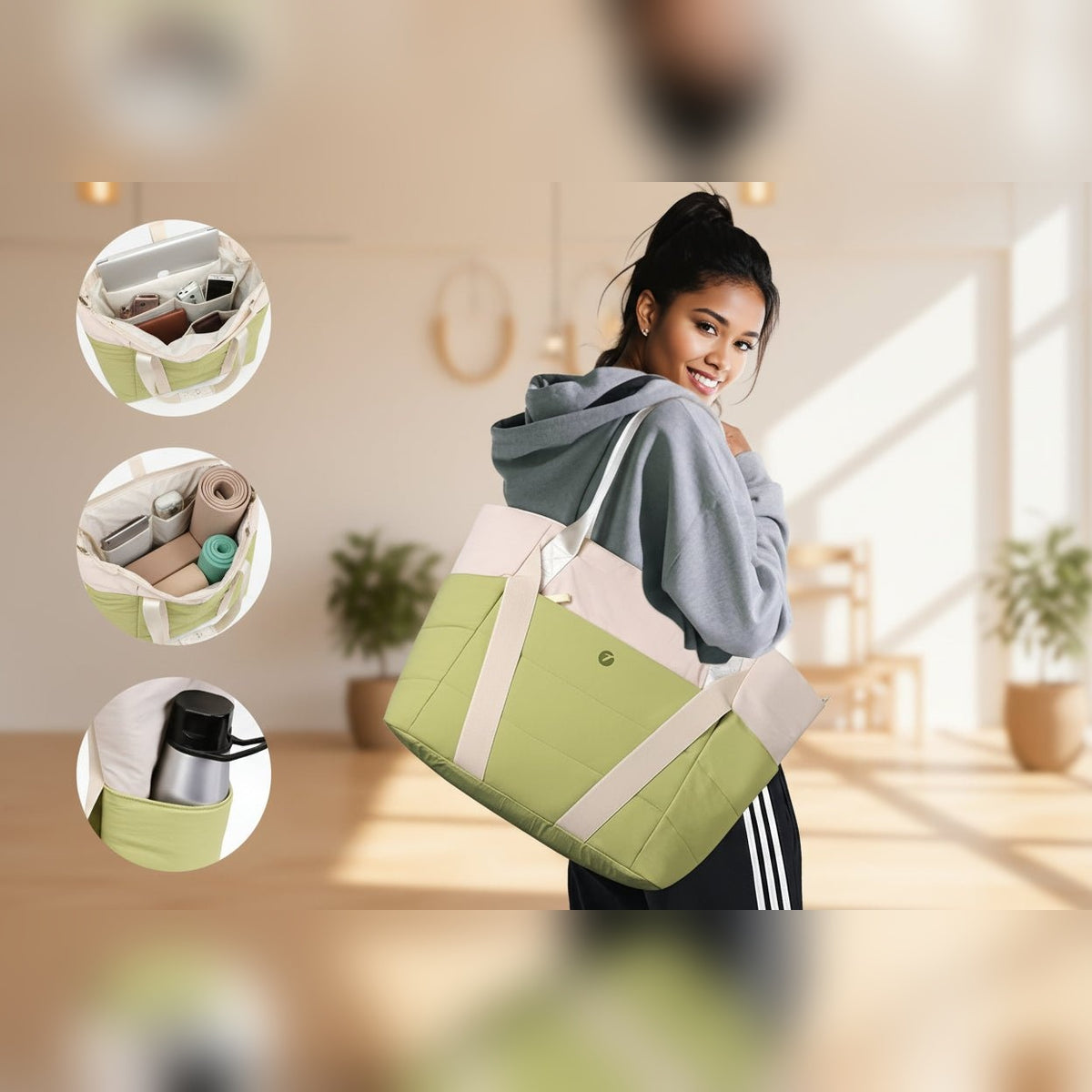 Mulher com a bolsa de yoga verde ao ombro e detalhes – lifestyle